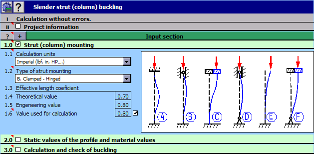 Click to view MITCalc Slender strut buckling 1.20 screenshot