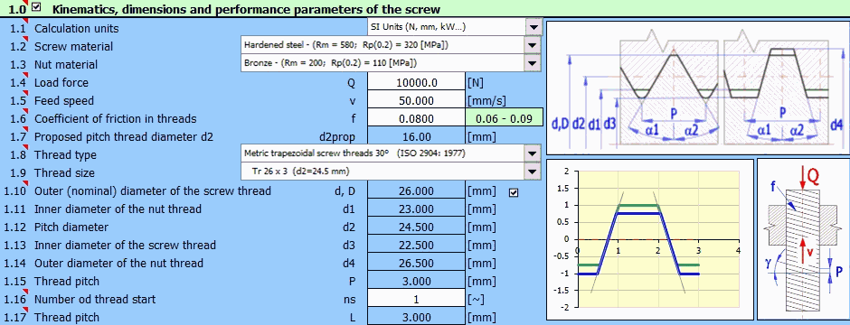 MITcalc - Power and ball screws, design, calculation and check